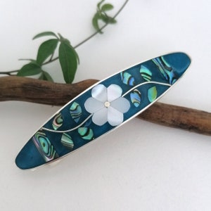 Mother of Pearl Flower, Teal Blue Hair Clip, Hair Barrette, Hair Accessory, Mexican Jewellery, Boho Jewellery, Shell Inlay, Blue Enamel