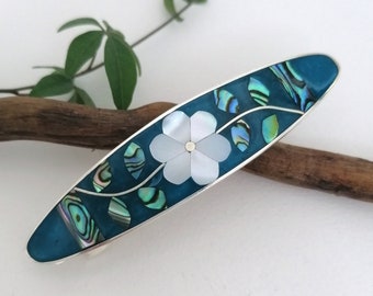 Mother of Pearl Flower, Teal Blue Hair Clip, Hair Barrette, Hair Accessory, Mexican Jewellery, Boho Jewellery, Shell Inlay, Blue Enamel