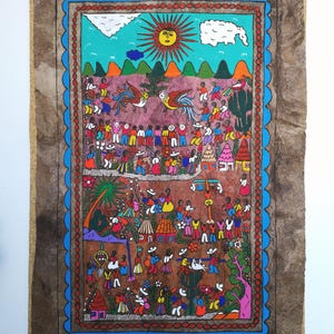 Indigenous Mexican Art, Harvest Festival, Mexican Folk Art, Housewarming Gift, Mexican Home Decor, Hand Painted Bark Paper, Spring Decor