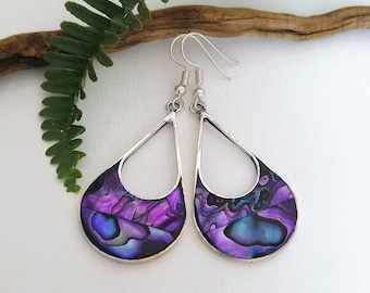 Purple Earrings, Teardrop Earrings,  Purple Abalone Jewelry, Mexican Earrings, Shell Inlay, Mexican Jewelry, Iridescent Shell, Silver Plated