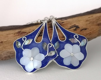 Mother of Pearl Flower Earrings, Handcrafted Mexican Jewellery, Blue Enamel & Shell Inlay