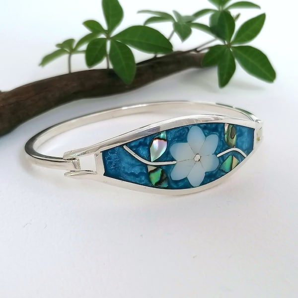 Mother of Pearl Bracelet, Mexican Jewellery, Flower Bracelet, Woodland Wedding, Shell Inlay, Mother of Pearl, Floral Cuff, Silver Plated