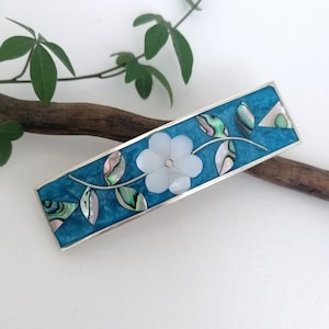 Mother of Pearl Flower, Teal Blue Hair Clip, Hair Barrette, Hair Accessory, Mexican Jewellery, Boho Jewellery, Shell Inlay, Shell Barrette