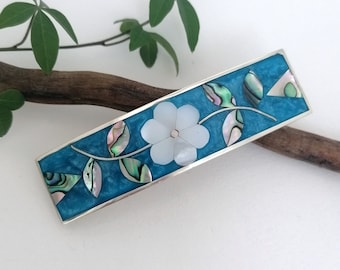 Mother of Pearl Flower Barrette, Handcrafted Shell Inlay, Teal Blue Boho Hair Accessory