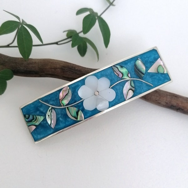 Mother of Pearl Flower Barrette, Handcrafted Shell Inlay, Teal Blue Boho Hair Accessory