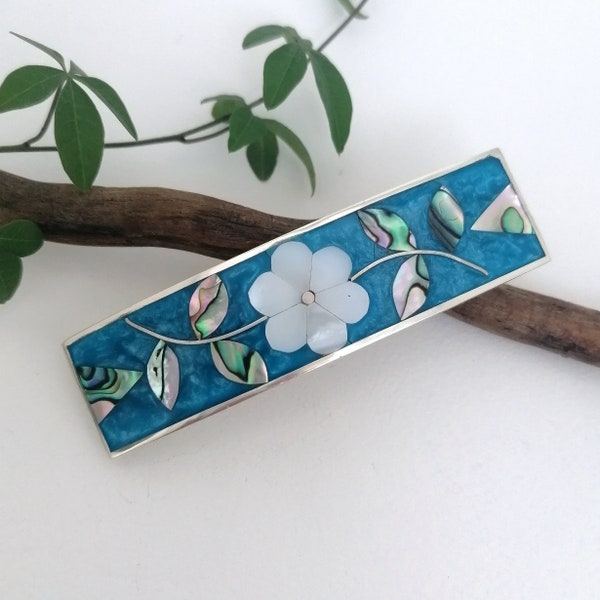 Flor de nácar, clip de pelo azul verde azulado, barrette de pelo, accesorio para el cabello, joyería mexicana, joyería boho, incrustación de concha, barrette de concha