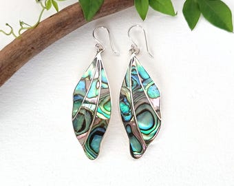 Art Deco Goddess Earrings, Handcrafted Abalone Shell Inlay, Ocean Inspired Jewellery