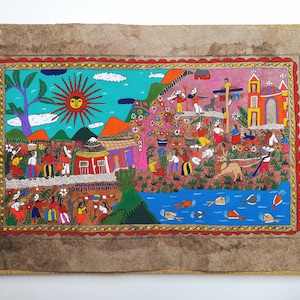 Mexican Folk Art, Original Artwork, Mexican Decor, Mexican Painting, Hand Painted, Bark Paper, Harvest festival, Wall Art, 24" x 16"