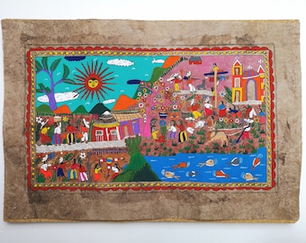 Art populaire mexicain, oeuvre d'art originale, décoration mexicaine, peinture mexicaine, peint à la main, papier écorce, fête des moissons, art mural, 61 x 40 cm