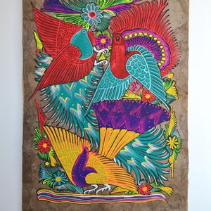 Mexican Bark Paper Painting, Hand Painted Tropical Birds, Colourful Folk Art (24&quot; x 16&quot;)