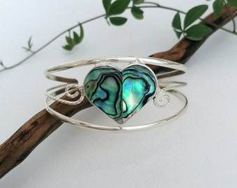 Abalone Heart Bracelet, Abalone Cuff, Handcrafted Mexican Jewellery, Love Heart Bracelet, Best Friend Gift, Shell Inlay, Silver Plated