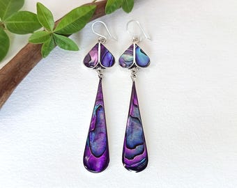 Purple Abalone Heart Teardrops, Boho Statement Earrings, Iridescent Shell Inlay