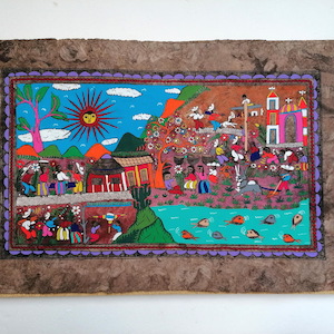 Mexicaanse volkskunst schilderij, handgemaakt schorspapier, kleurrijk wanddecor, origineel kunstwerk, 24 x 16 inch
