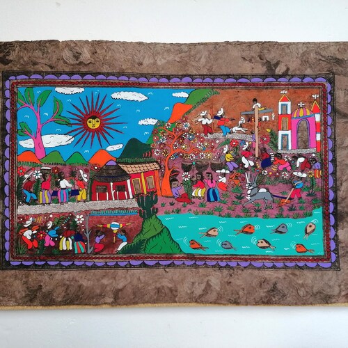Peinture d'art populaire mexicain, papier écorce fait main, décoration murale colorée, oeuvre d'art originale, 61 x 40 cm