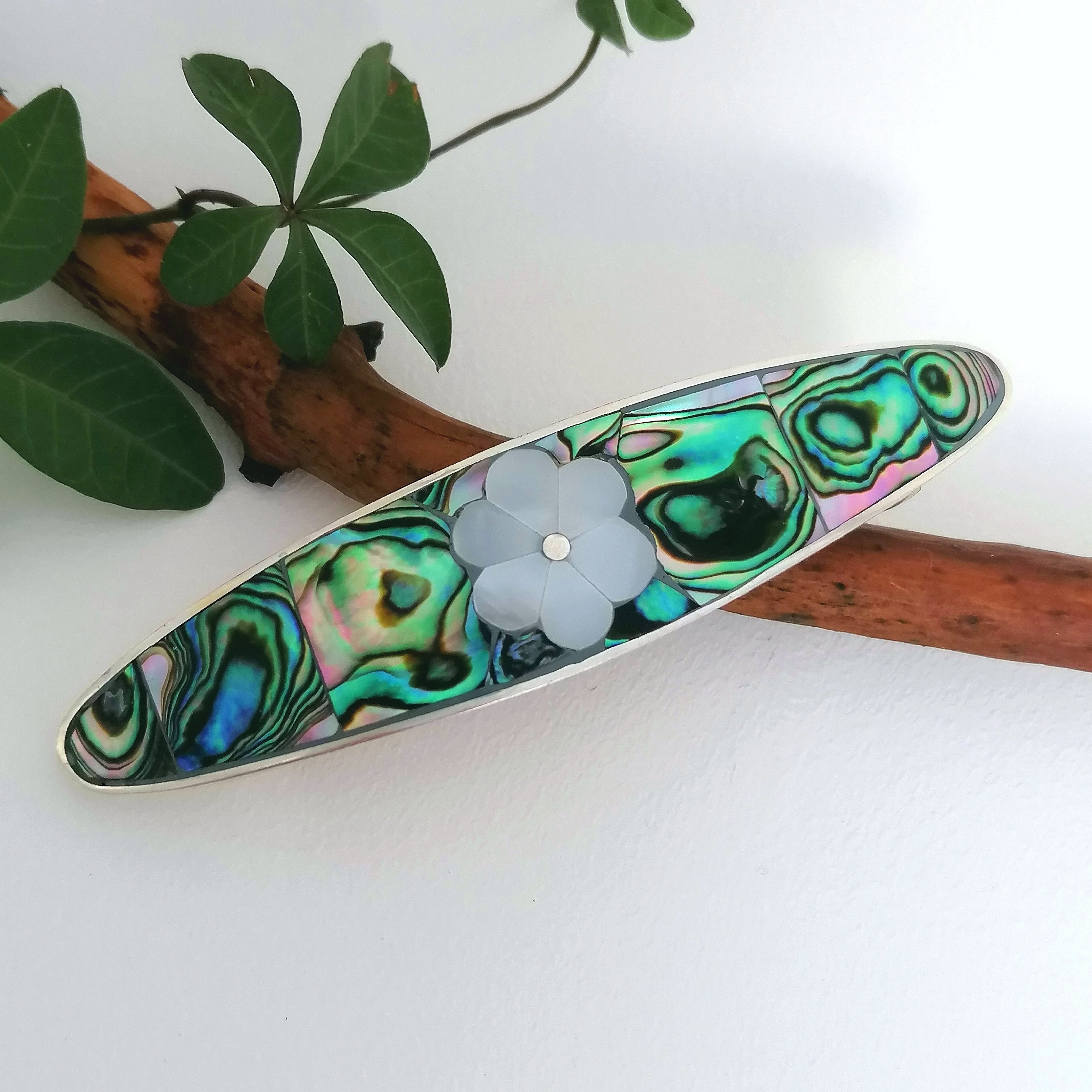 Abalone & Mother of Pearl Flower Barrette: Vintage Mexican  display picture 1