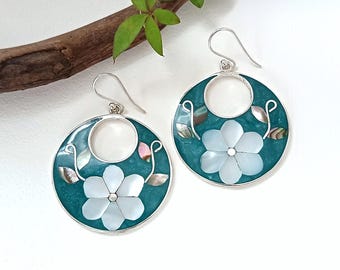 Mother of Pearl Flower Earrings, Teal Green Enamel & Abalone Inlay, Handcrafted Artisan Jewellery