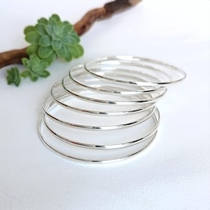 Skinny Stacking Bracelets, Set of 7 Bangles, Boho Bracelets, Mexican Semanarios, Solid Half Round Wire, Silver Plated, Everyday Jewellery