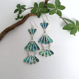 Abalone Art Deco Fan Earrings, Handcrafted Shell Inlay, Long Elegant Statement Earrings, Hand Made Mexican Jewellery, Chandelier Earrings