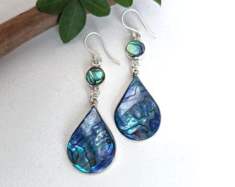 Iridescent Teal Blue Abalone Teardrops, Handcrafted Shell Inlay, Ocean Inspired Mexican Jewellery
