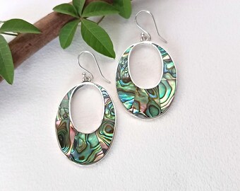 Handcrafted Abalone Shell Hoop Earrings, Iridescent Shell Inlay, Mexican Boho Jewelry