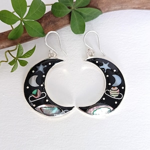 Abalone & Perlmutt Mond Ohrringe, handgefertigte Muschel Inlay, himmlischer Schmuck