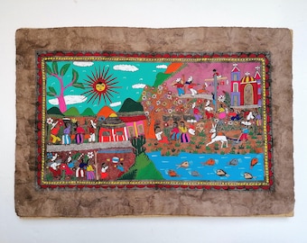Mexican Folk Art Painting, Handmade Bark Paper, Colourful Wall Decor, Original Artwork, 24" x 16"