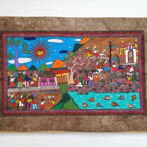 Mexican Folk Art Painting, Handmade Bark Paper, Colourful Wall Decor, Original Artwork, 24&quot; x 16&quot;