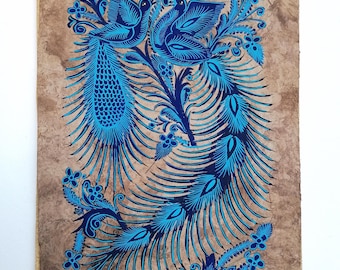 Mexican Folk Art Tropical Birds Painting, Hand Painted on Bark Paper (60x40cm)