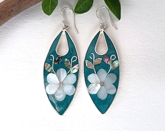 Mother of Pearl Flower Earrings, Teal Green Enamel & Shell Inlay, Boho Chic Jewellery