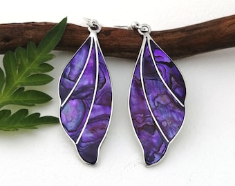 Art Deco Goddess Earrings, Iridescent Purple Abalone Shell Inlay, Boho Statement Jewelry, Artisan Made