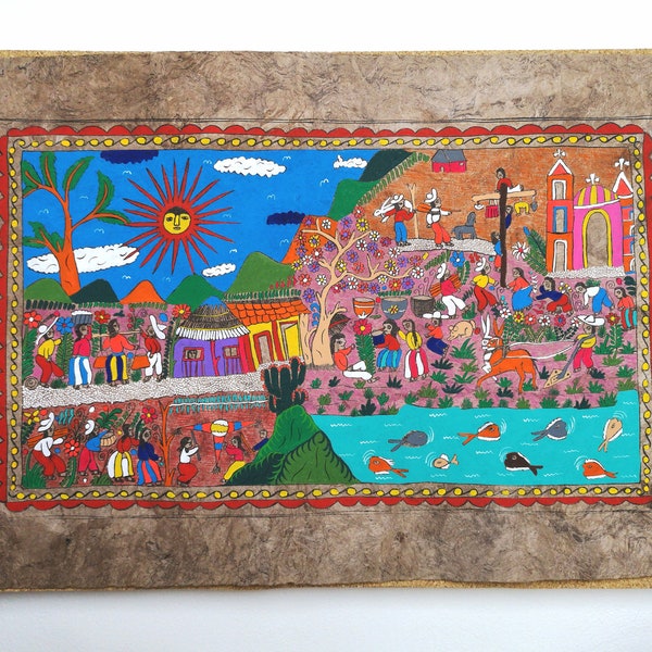 Mexican Folk Art, Original Artwork, Mexican Decor, Mexican Painting, Hand Painted, Bark Paper, Harvest festival, Wall Art, 24" x 16"