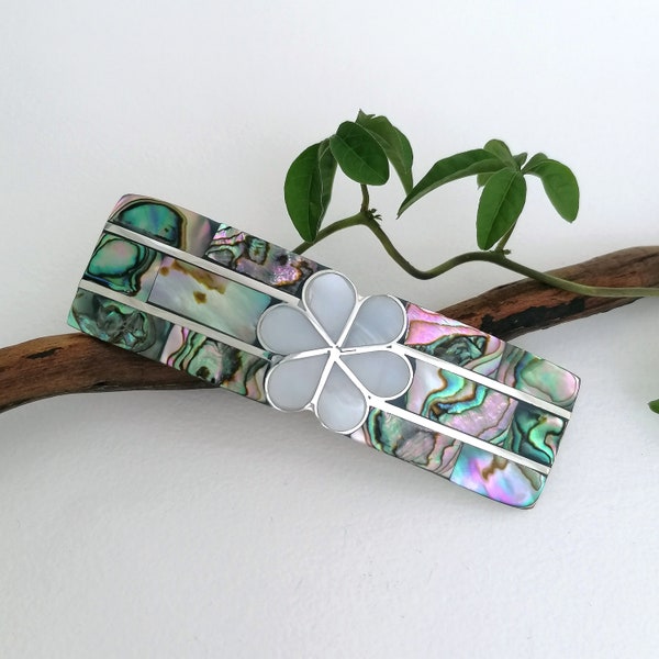 Mother of Pearl & Abalone Barrette, Handcrafted Mexican Jewellery, Wedding Bridal Hair Accessories, Shell Inlay Barrette, Floral Hair Slide