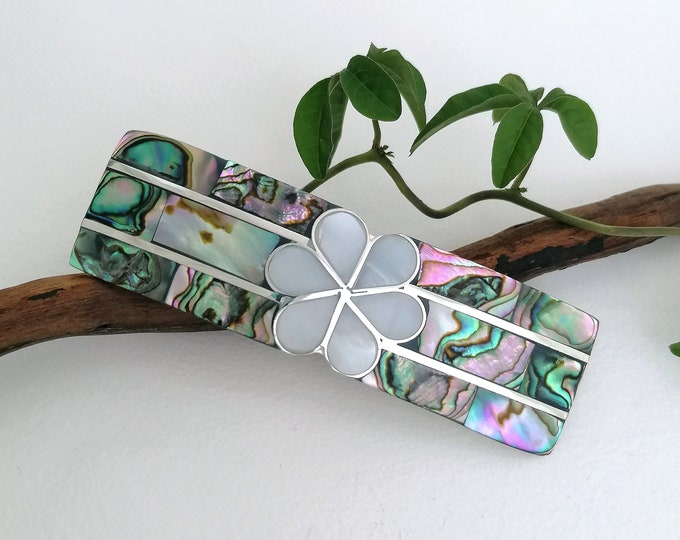 Mother of Pearl & Abalone Barrette, Handcrafted Mexican Jewellery, Wedding Bridal Hair Accessories, Shell Inlay Barrette, Floral Hair Slide