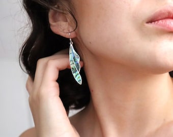 Art Deco Fan Earrings, Handcrafted Abalone Shell Inlay, Boho Beach Jewellery