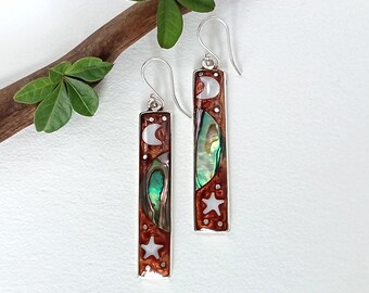 Long Celestial Moon & Star Earrings Abalone Mother of Pearl Shell Inlay, Handcrafted Landscape Jewellery