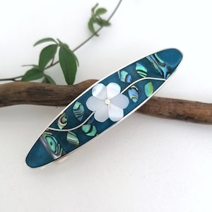 Mother of Pearl Flower, Teal Blue Hair Clip, Hair Barrette, Hair Accessory, Mexican Jewellery, Boho Jewellery, Shell Inlay, Blue Enamel