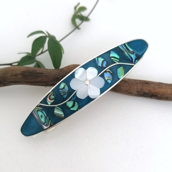 Mother of Pearl Flower Barrette, Teal Blue Enamel and Shell Inlay, Boho Hair Clip