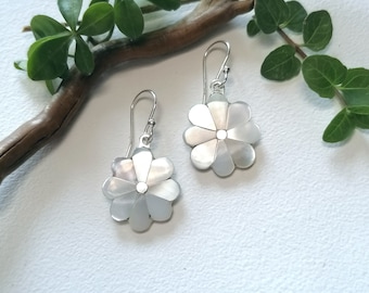 Mother of Pearl Flower Earrings, Handcrafted Shell Inlay, Botanical Woodland Wedding Jewellery