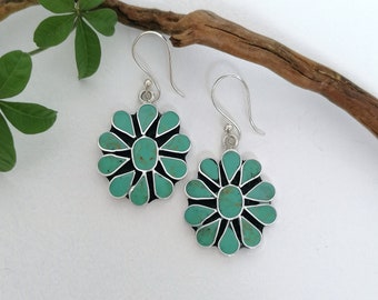 Turquoise Squash Blossom Earrings, Mexican Jewellery, Navajo Style Earrings, Turquoise Earrings, Southwestern Style, Enamel, Silver Plated