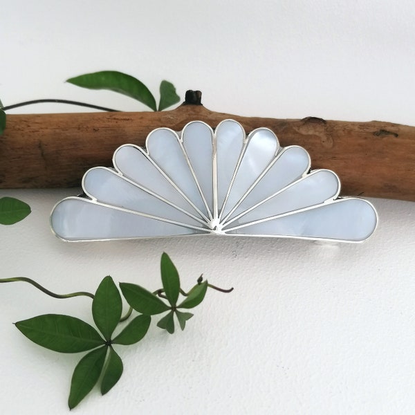 Barrette à cheveux en nacre, design Art nouveau, pince à cheveux éventail, accessoire pour cheveux de mariée, bijoux mexicains, accessoires bohèmes, plaqué argent