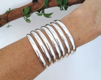 Chunky Silver Tone Stacking Bangles, Set of 7 Thick Bracelets, Bold Boho Jewelry, Statement Bangle Set, Handmade Gift for Her, Silver Plated