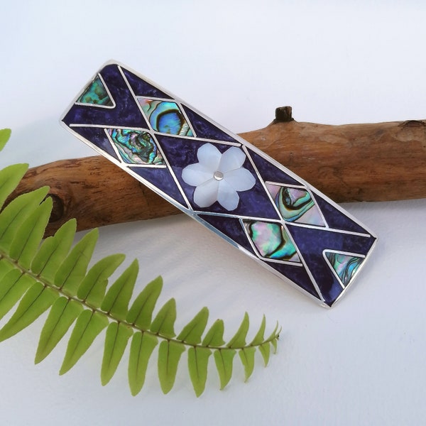 Mother of Pearl Flower Barrette, Deep Purple Hair Clip, Abalone Inlay Hair Barrette, Handcrafted Mexican Jewellery, Boho Accessories