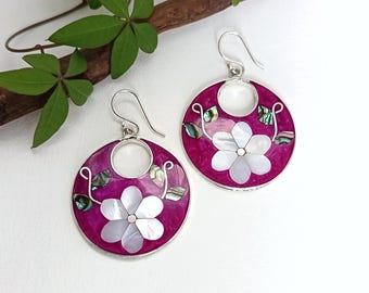 Mother of Pearl Flower Earrings, Raspberry Pink Enamel Inlay, Handcrafted Shell Jewellery