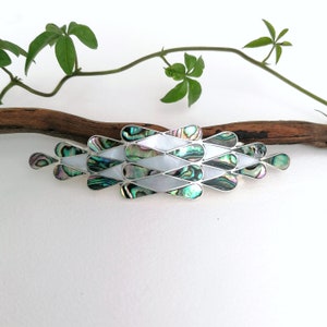 Mother of Pearl & Abalone Barrette, Art Deco Hair Clip, Handcrafted Shell Inlay, Artisan Mexican Jewelry, Shell Hair Clip, Silver Plated