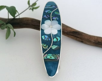 Vintage Mother of Pearl Floral Hair Barrettes Red Green Abalone Set 2 Mother of Pearl Flower Barrette, Teal Blue Enamel and Shell  main image 3