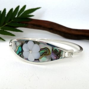 Abalone Bracelet, Mexican Jewellery, Flower Bracelet, Woodland Wedding, Abalone Shell Inlay, Mother of Pearl, Floral Cuff, Silver Plated