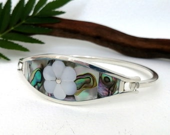 Abalone Bracelet, Mexican Jewellery, Flower Bracelet, Woodland Wedding, Abalone Shell Inlay, Mother of Pearl, Floral Cuff, Silver Plated