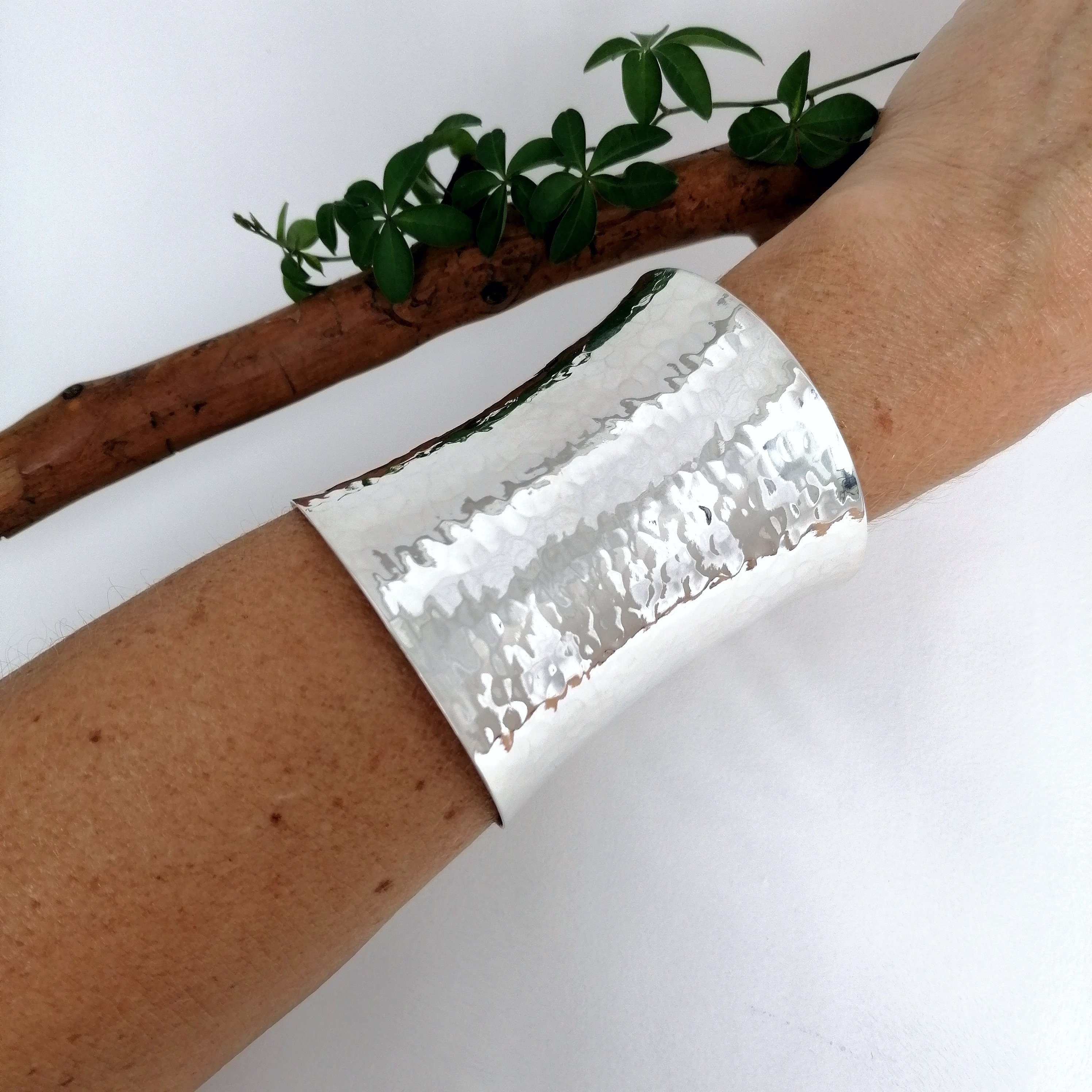 Wide Hammered Silver Cuff Bracelet – Lotus Stone Design