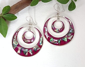 Abalone & Raspberry Pink Enamel Mosaic Hoops, Handcrafted Shell Inlay, Statement Boho Earrings