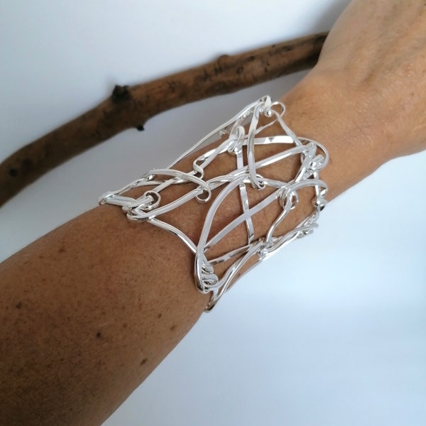 Statement Bracelet, Wide Silver Cuff, Woven Bracelet, Abstract Design, Statement Jewellery, Chunky Bracelet, Unique Piece, Silver Plated